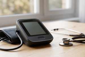 Тонометр и стетоскоп на столе для измерения давления