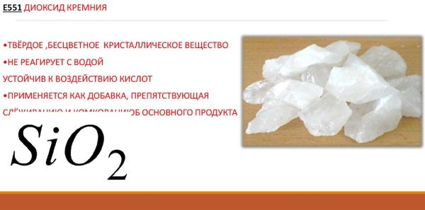 E551 Диоксид кремния - описание пищевой добавки, польза и вред, использование