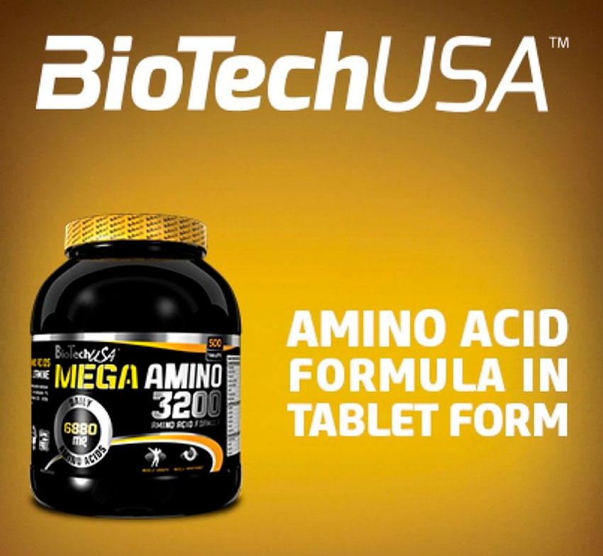 Аминокислотный комплекс Mega Amino 3200, производимый американской компанией Biotech USA, содержит абсолютно все необходимые для спортсменов аминокислоты