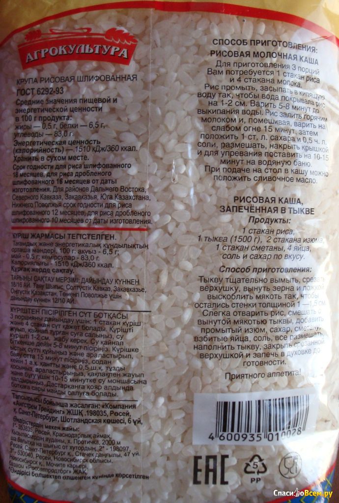 Калорийность рис круглый. химический состав и пищевая ценность.